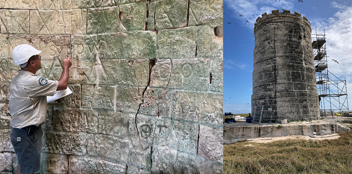 Two photos of the Raine Island beacon. On the left, a ranger is studying some inscriptions on bricks on the inside of the tower. On the right, a photo of the whole tower with scaffolding around it for the restoration process. 