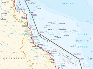 A map of the Queensland coastline outlining the boundaries of the Great Barrier Reef Region and catchment area, from the tip of Cape York to just north of Bundaberg. 