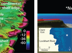 The left side of this split image shows a three-dimensional image created from multibeam sonar data of the northern Great Barrier Reef. The image depicts different underwater geomorphological features such as the lagoon floor, mid-and outer-shelf reefs, mesophotic reefs and the continental shelf edge. 