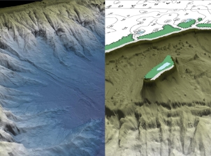 The computer-generated 3D image on the left shows the underwater morphology of Princess Charlotte Bay where deep canyons have been carved into the continental slope. The 3D image on the right shows the plunge pools around Small Detached Reefs in Cape York. 