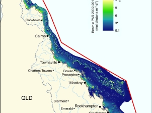 Map of the Great Barrier Reef Region and World Heritage boundary showing amount of light available for photosynthesis that reaches the sea floor. 