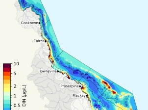 Map of the Great Barrier Reef Region and World Heritage boundary showing modelled estimates of dissolved inorganic nitrogen (DIN). Values range from 0.1 (in dark purple) to 10 (in dark red) micrograms per Litre. Lowest values, between 0.2 and 0.4 micrograms per Litre, are mostly down the length of the mid-shelf of the Great Barrier Reef.