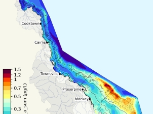 Map of the Great Barrier Reef Region and World Heritage boundary showing modelled estimates of chlorophyll-a. Values range from 0.1 (in dark purple) to 1.5 micrograms (in dark red) per Litre. Lowest values, between 0.1 and 0.15 micrograms per Litre, are mostly offshore of the continental shelf between Cairns and Townsville, and some smaller areas around the inner-mid shelf reefs north of Princess Charlotte Bay. 