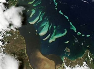 Satellite photo above Princess Charlotte Bay in Far North Queensland showing the brown waters emerging from the Normanby River mouth into the bay and spreading northwards along the coast. The plume surrounds some of the inshore islands and touches some reefs further offshore. The brown waters extend beyond the extent of the image. 