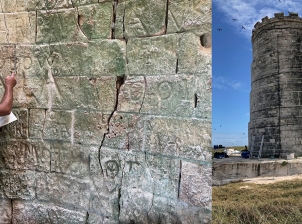 Two photos of the Raine Island beacon. On the left, a ranger is studying some inscriptions on bricks on the inside of the tower. On the right, a photo of the whole tower with scaffolding around it for the restoration process. 