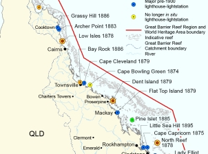 A map of the Queensland coast identifying the historic lightstations in the World Heritage area with coloured dots. Red dots with a yellow halo are Commonwealth heritage listed lightstations and four are identified: Low Isles 1878, Dent Island 1879, North Reef 1878 and Lady Elliot 1873. The green dot identifies other lighthouses or lightstations, and only one is listed at Pine Islet 1885. The orange dots identify three lighthouses or lightstations no longer in situ: Wharton Reef 1915, Bay Rock 1886, Cape Bo