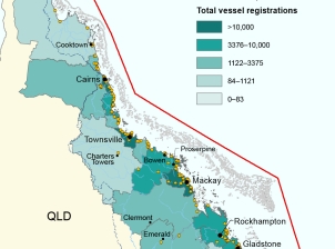 A map of the Queensland coast with a line marking the Great Barrier Reef Region and World Heritage Area boundary. Along the coastline of Queensland are yellow dots to mark the locations of boat ramps. There are five coloured categories based on the total number of vessel registrations at various coastal local government areas. 