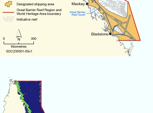 Two maps stacked on top of each other. The top map depicts shipping routes and designated shipping areas in the Region.  The bottom map of the Queensland coast includes a series of small hexagons each a different colour representing the total number of detections of vessels for June 2023. The hexagon is coloured to show where the ships have tracked and the heaviest traffic areas are within the shipping channels of the Region. 