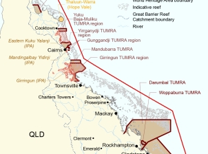 This image is a map diagram of the Queensland coast depicting the boundary of Traditional Use of Marine Resources Agreements (TUMRA) in place, Indigenous Land Use Agreements (ILUA), Indigenous Protected Areas (IPAs) and circle symbols showing where Traditional Owner groups are exploring sea country planning.