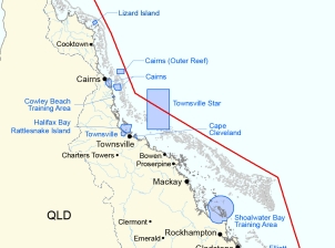 This is a map of the Region, with blue polygons indicating defence training sites. The size of the polygon indicates the general size of the site. The largest polygons are over Townsville (the site of the Townsville Star) and Shoalwater Bay. Small polygons are located over Lizard Island, Cairns inner, mid-shelf and outer-reef, Halifax Bay/Rattlesnake Island, Cape Cleveland off Townsville and Elliot and Amberley in the southernmost area of the Region. 