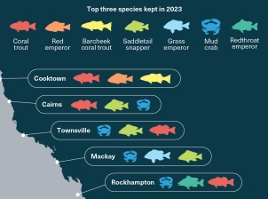 An infographic showing the top three species kept by recreational fishers in 2023, in different areas of the Reef.