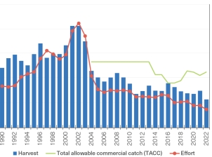 A column graph with two Y axes, the primary one depicting the harvest (in tonnes) of coral trout and the secondary Y axis shows fishing effort (in days). The x axis shows years from 1990 to 2022. 