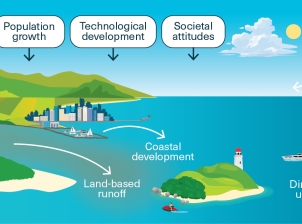 An infographic that shows the various drivers of change - economic growth, population growth, technological development and societal attitudes. These can affect the factors that influence the Region, including land-based runoff, coastal development, climate change and direct use. 