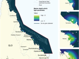 A map of the Region with sea areas shaded along a blue to green to yellow colour gradient to show light pollution, measured as the light penetration depth in metres. A scale bar indicates the range in modelled light penetration from 0 (dark blue) through to 21 metres at the high end (yellow). Light pollution is evident in areas immediately adjacent to Cairns, Townsville, Mackay and Gladstone.