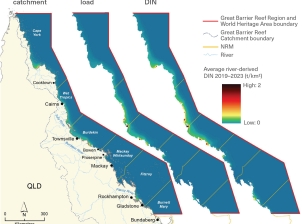 This figure comprises 3 maps with sea area shaded along a colour gradient to show spatial variation in average river-derived DIN across the Region for 2019 to 2023. 