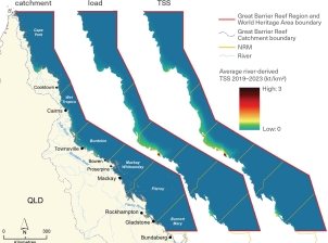 This figure comprises 3 maps with sea area shaded along a colour gradient to show spatial variation in average river-derived TSS across the Region for 2019 to 2023. 