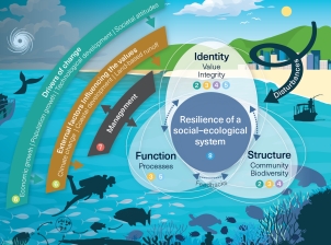 Conceptual diagram with a background landscape overlain by flow chart and icons. 