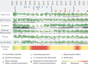 This is a timeline from 2005 to 2022 providing a semi-quantitative depiction of the seagrass condition index for the Region and its individual components for the 6 natural resource management (NRM) regions. 