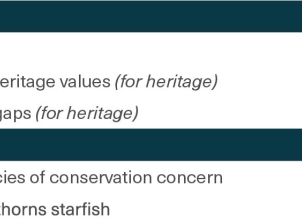 Threats that have a different risk level in 2024 compared to 2019 are shown. Where the change is only related to either the ecosystem or heritage values, this is indicated.