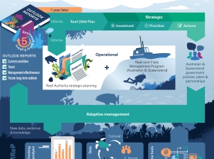 A diagram describing the process of adaptive management for the Great Barrier Reef. In the top left of the diagram, there is an icon of the Outlook Report with text underneath which says ‘Reviewed every 5 years’. 