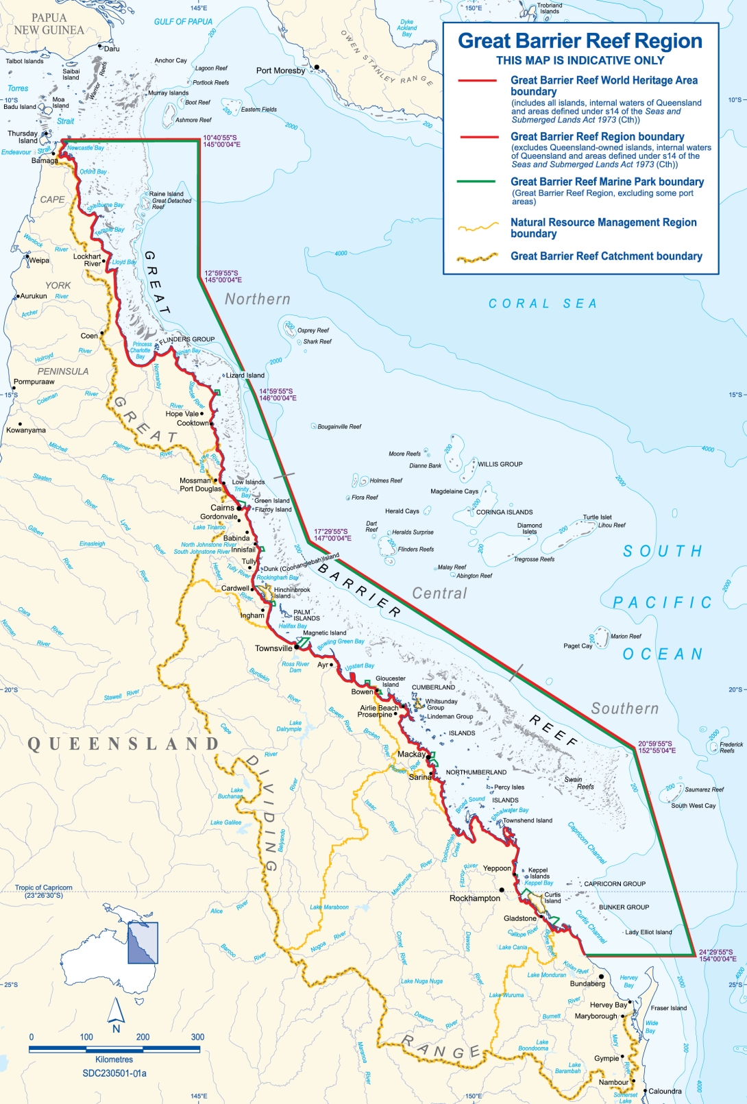 A map of the Queensland coastline outlining the boundaries of the Great Barrier Reef Region and catchment area, from the tip of Cape York to just north of Bundaberg. 