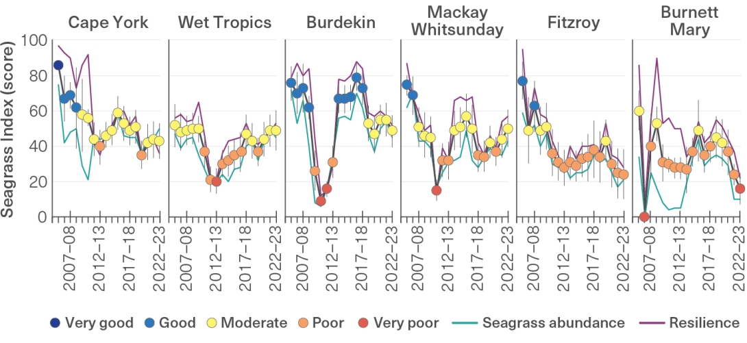 This timeseries graph shows annual results for the Marine Monitoring Program seagrass index from the 2005–06 to 2022–23 monitoring years in the Cape York, Wet Tropics, Burdekin, Mackay Whitsundays, Fitzroy, and Burnett Mary regions.. The seagrass index combines scores for seagrass abundance and resilience on a scale of zero to one hundred. 