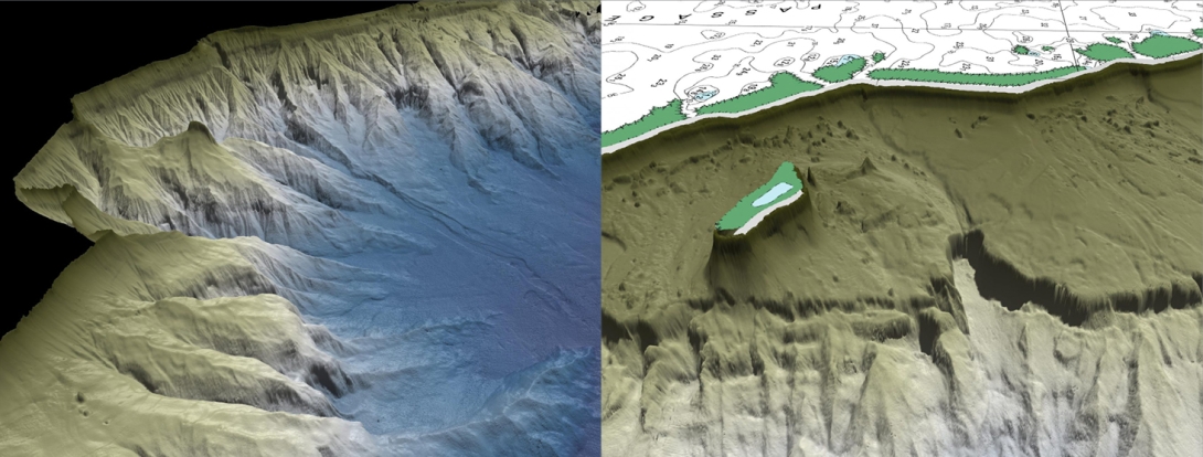 The computer-generated 3D image on the left shows the underwater morphology of Princess Charlotte Bay where deep canyons have been carved into the continental slope. The 3D image on the right shows the plunge pools around Small Detached Reefs in Cape York. 