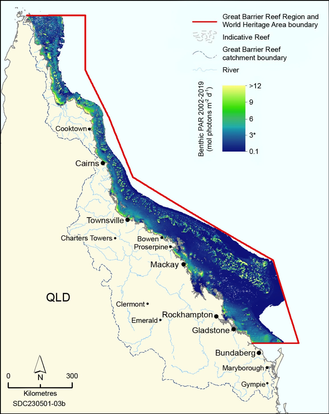 Map of the Great Barrier Reef Region and World Heritage boundary showing amount of light available for photosynthesis that reaches the sea floor. 