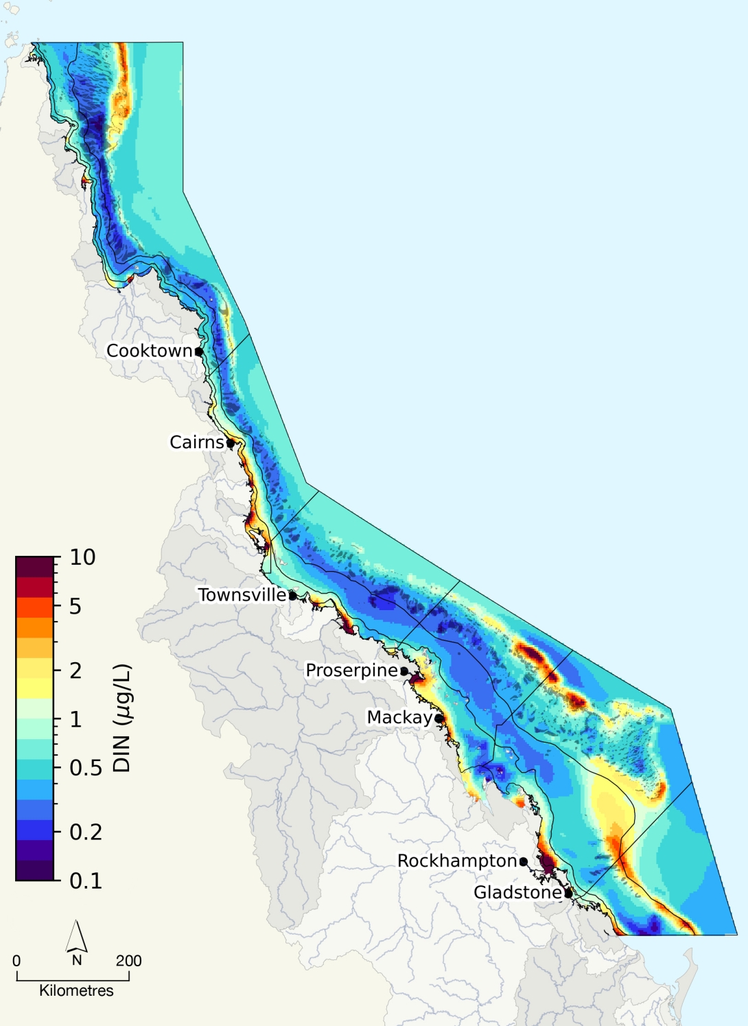 Map of the Great Barrier Reef Region and World Heritage boundary showing modelled estimates of dissolved inorganic nitrogen (DIN). Values range from 0.1 (in dark purple) to 10 (in dark red) micrograms per Litre. Lowest values, between 0.2 and 0.4 micrograms per Litre, are mostly down the length of the mid-shelf of the Great Barrier Reef.