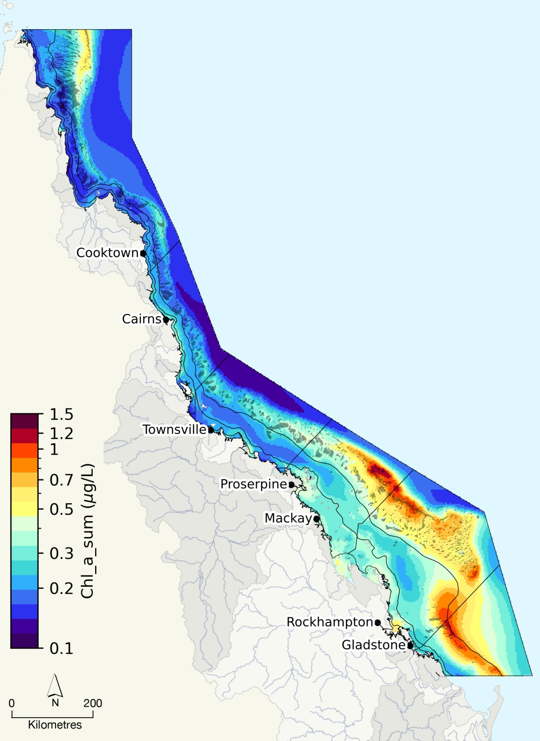 Map of the Great Barrier Reef Region and World Heritage boundary showing modelled estimates of chlorophyll-a. Values range from 0.1 (in dark purple) to 1.5 micrograms (in dark red) per Litre. Lowest values, between 0.1 and 0.15 micrograms per Litre, are mostly offshore of the continental shelf between Cairns and Townsville, and some smaller areas around the inner-mid shelf reefs north of Princess Charlotte Bay. 