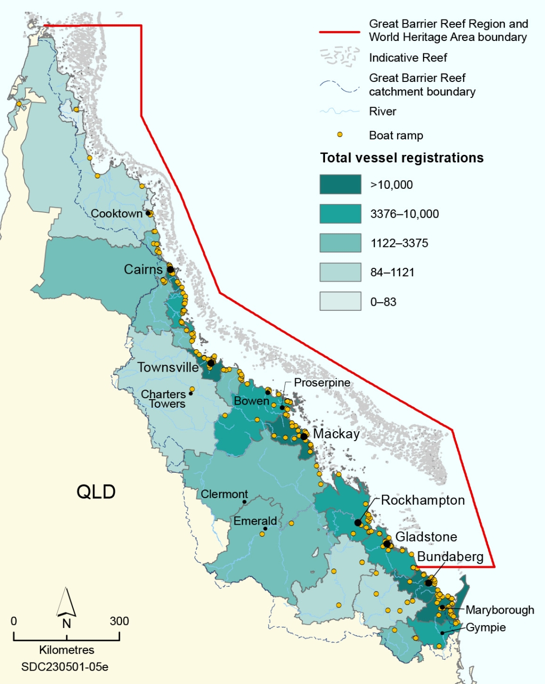 A map of the Queensland coast with a line marking the Great Barrier Reef Region and World Heritage Area boundary. Along the coastline of Queensland are yellow dots to mark the locations of boat ramps. There are five coloured categories based on the total number of vessel registrations at various coastal local government areas. 