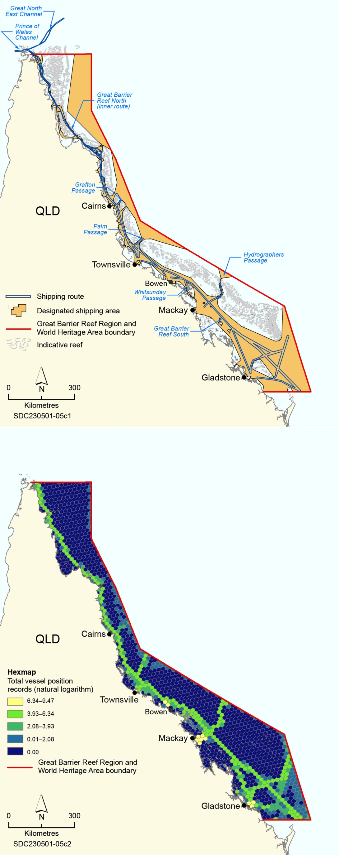 Two maps stacked on top of each other. The top map depicts shipping routes and designated shipping areas in the Region.  The bottom map of the Queensland coast includes a series of small hexagons each a different colour representing the total number of detections of vessels for June 2023. The hexagon is coloured to show where the ships have tracked and the heaviest traffic areas are within the shipping channels of the Region. 