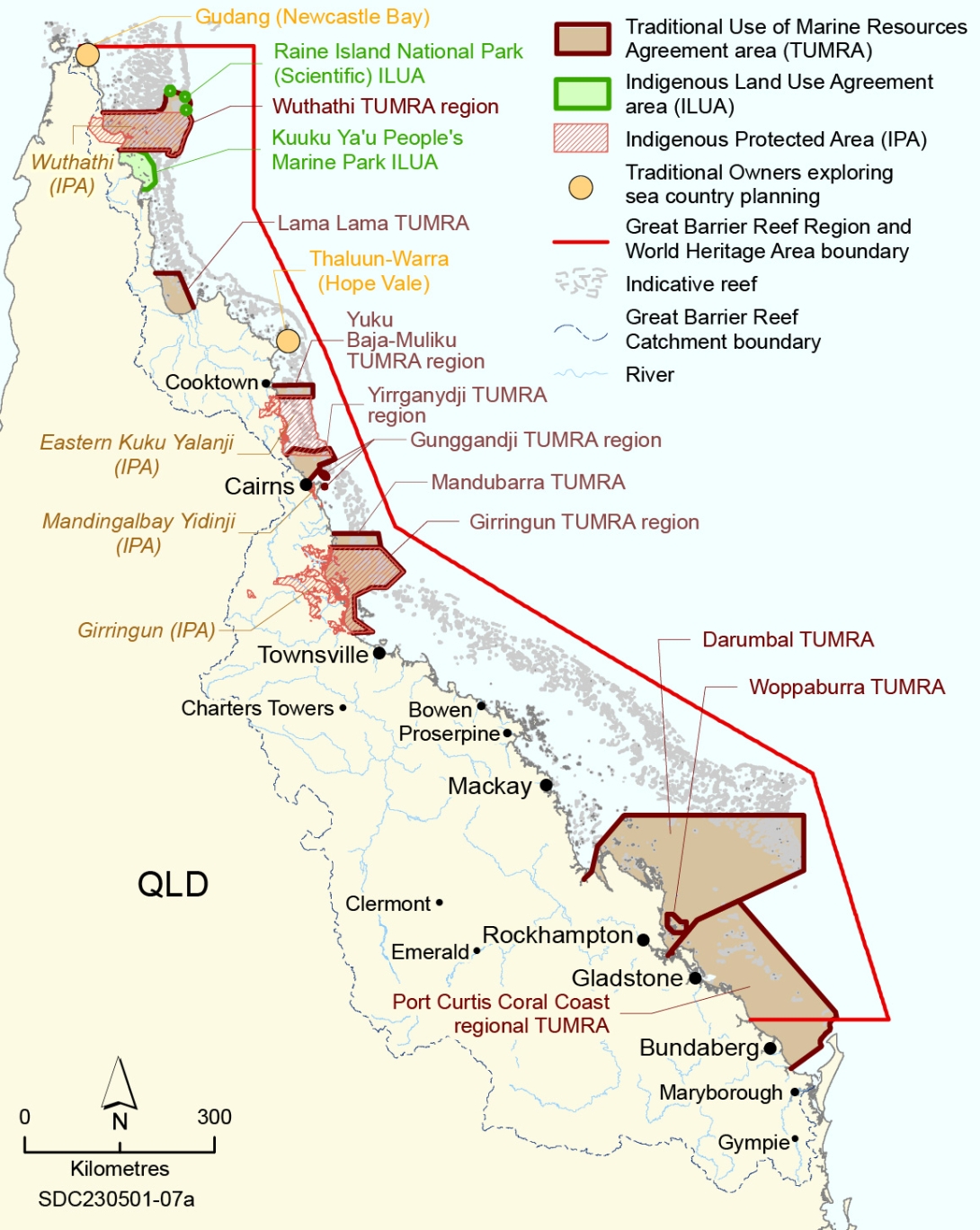 This image is a map diagram of the Queensland coast depicting the boundary of Traditional Use of Marine Resources Agreements (TUMRA) in place, Indigenous Land Use Agreements (ILUA), Indigenous Protected Areas (IPAs) and circle symbols showing where Traditional Owner groups are exploring sea country planning.