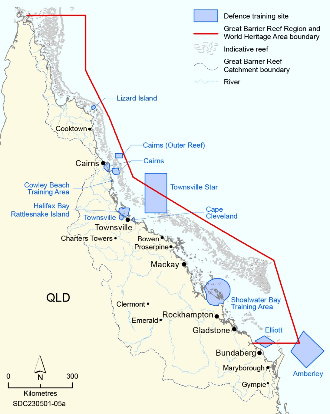 This is a map of the Region, with blue polygons indicating defence training sites. The size of the polygon indicates the general size of the site.