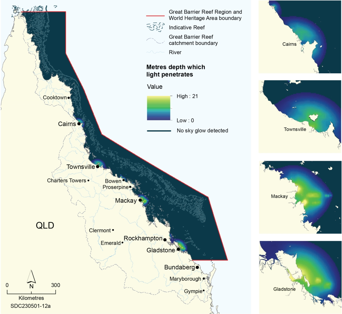 A map of the Region with sea areas shaded along a blue to green to yellow colour gradient to show light pollution, measured as the light penetration depth in metres. A scale bar indicates the range in modelled light penetration from 0 (dark blue) through to 21 metres at the high end (yellow). Light pollution is evident in areas immediately adjacent to Cairns, Townsville, Mackay and Gladstone.