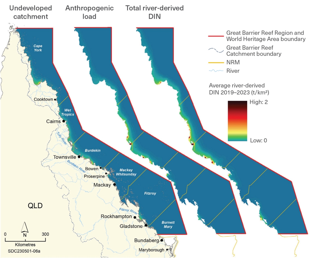 This figure comprises 3 maps with sea area shaded along a colour gradient to show spatial variation in average river-derived DIN across the Region for 2019 to 2023. 