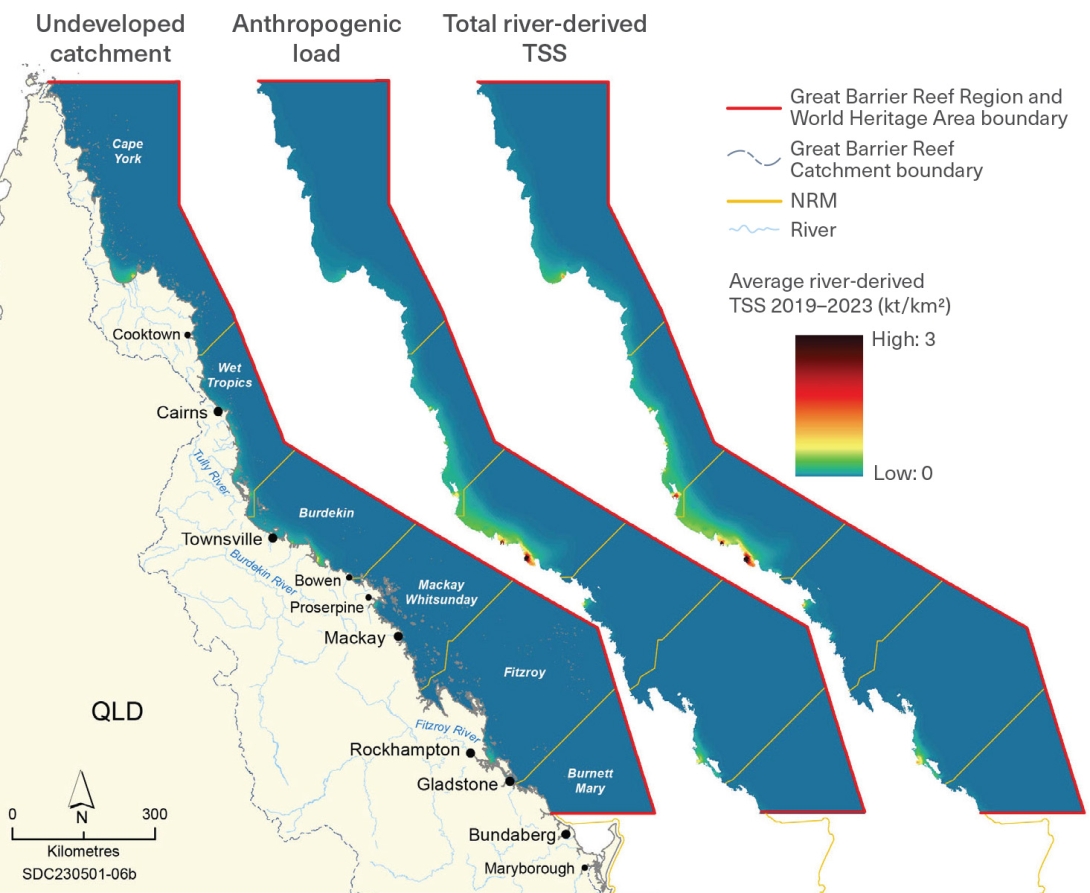 This figure comprises 3 maps with sea area shaded along a colour gradient to show spatial variation in average river-derived TSS across the Region for 2019 to 2023. 