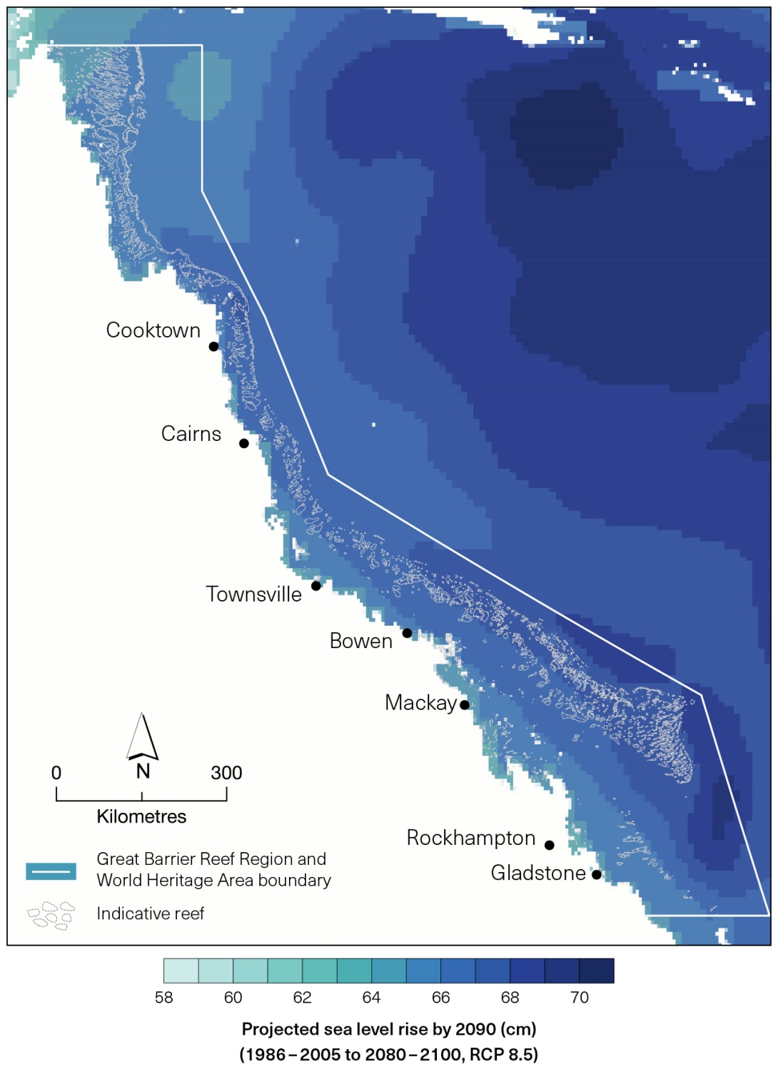 A map with sea areas coloured in shades of blue to illustrate the variation in projected sea level rise across the Region by 2090 under a high emissions scenario. 