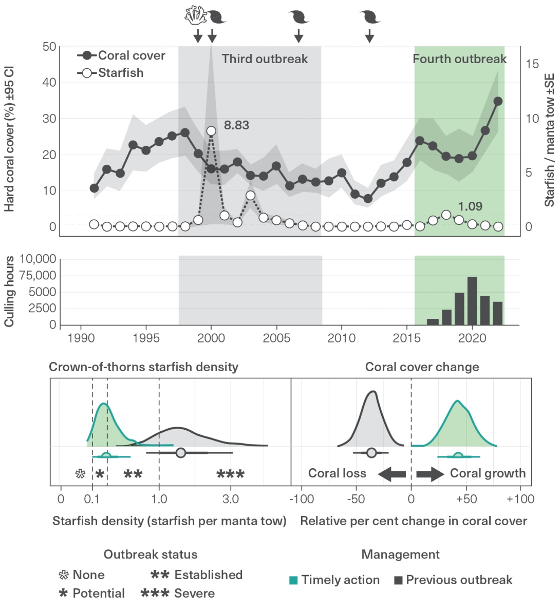 This figure has four panels. The top (first) panel is a line graph that shows estimates for coral cover (in percentage) on the primary y-axis and starfish densities (number of crown-of-thorns starfish per manta tow) on the secondary y-axis. The x-axis shows the years from 1990 to 2022. There is a vertical grey shaded area from 1998 to 2008 highlighting the third crown-of-thorns starfish outbreak and a green shaded area from 2016 to 2022 highlighting the fourth crown-of-thorns starfish outbreak.