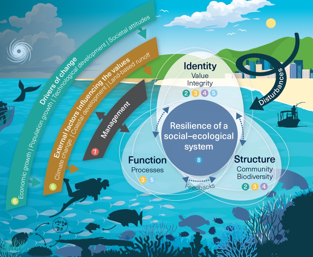 Conceptual diagram with a background landscape overlain by flow chart and icons. 