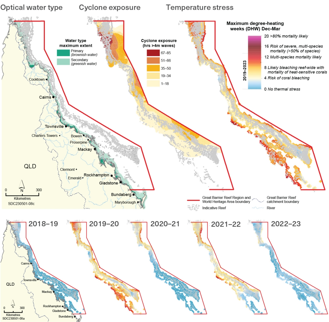 Three coloured map layers are overlayed over the base map in a left to right sequence: maximum extent of primary and secondary water types (left map); total accumulated exposure to cyclone-generated waves exceeding 4 metres in height (middle map); and thermal stress as maximum degree heating weeks reached between 01 December to 31 March for the 2018-19 to 2022-23 summers (right map). 