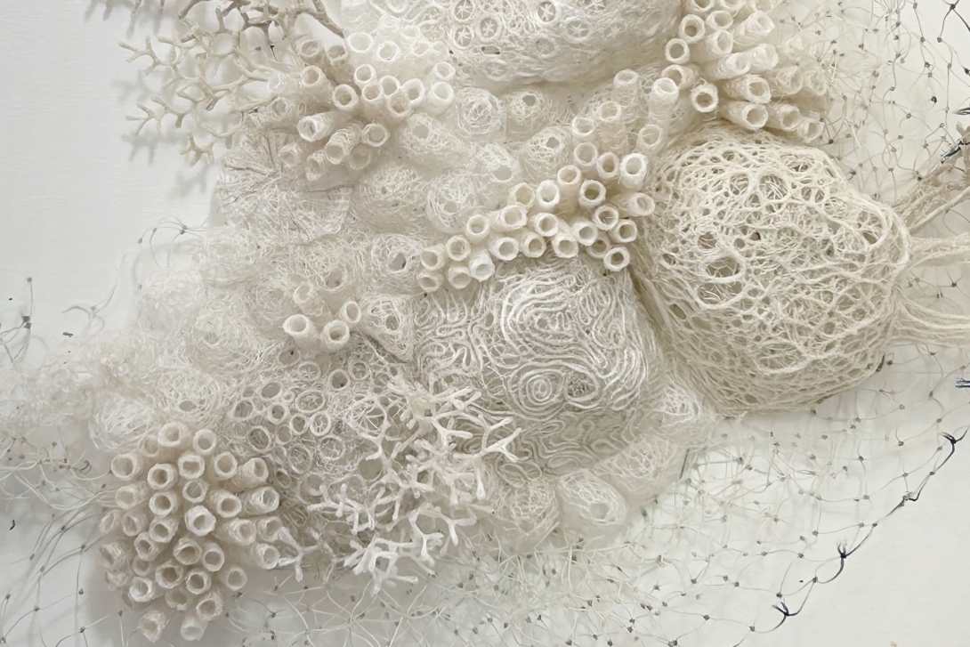 An image of a piece of artwork by Marion Gaemers. A white coral reefscape has been made from ghost net and rope found on the beach. There is a mid of brain, branching and tubular type corals. 