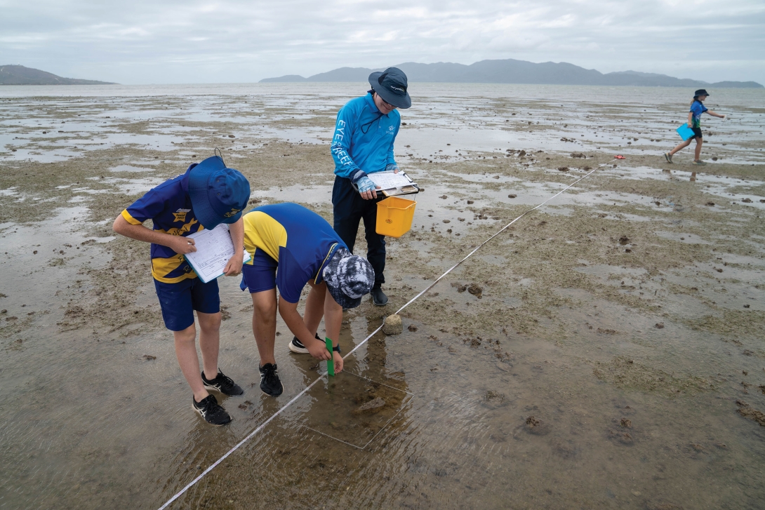 There are 3 students and a teaching. The  students learning how to conduct a seagrass survey at low tide. There is a measuring tape laid out on the sand, while a student measures an item in a square near the tape. A second student takes notes while the teacher watches on. 