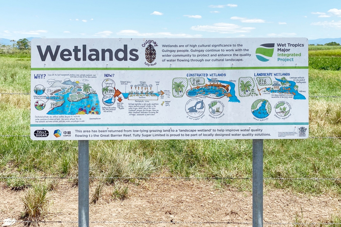 A photo of an information sign that uses infographics to describe the rehabilitation of the Gulngay wetlands in the Tully River catchment. It is a Wet Tropics Major Integrated Project. Not all of the text on the photo of the sign is legible, but the four main categories of the infographic are ‘why’ ‘how’, ‘constructed wetlands’ and ‘landscape wetlands’. Across the top of the sign it reads: ‘Wetlands are of high cultural significance to the Gulngay people. Gulngay continue to work with the wider community to